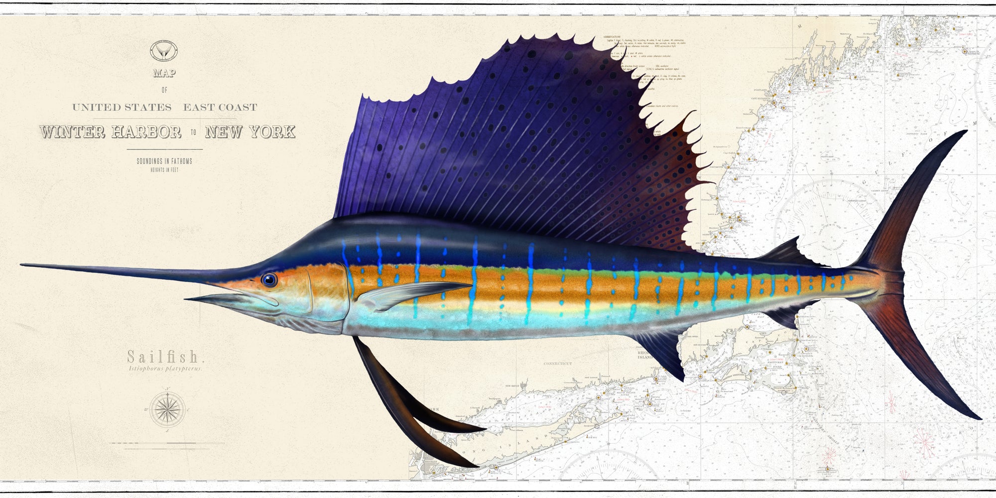 Sailfish Artwork Over Nautical Charts