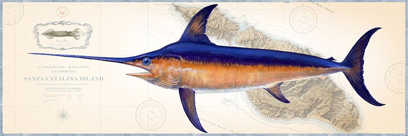Swordfish Artwork Over Nautical Charts