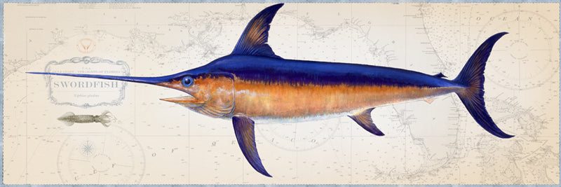 Swordfish Artwork Over Nautical Charts